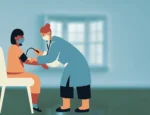 A cartoon of a health care provider taking a person's blood pressure.