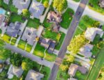 An aerial view of a suburban neighborhood.