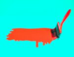 A red paintbrush painting a dripping line of red on a bright blue background.