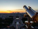 A telescope pointing over a cityscape.