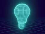 A lightbulb made out of a glowing grid, floating above a glowing grid floor.