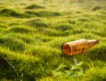 A brown glass bottle laying in a grass field.